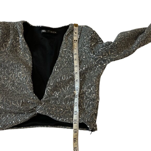 ZARA Silver Sequins Crop Top Size Small Twist Knot Plunge Front Long Sleeves - Picture 9 of 11